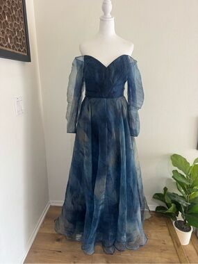 Rene Ruiz Off-Shoulder Navy Blue Organza Evening Gown